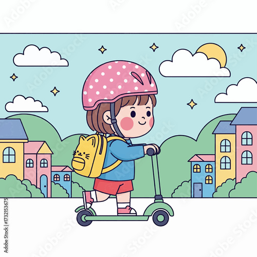 A young girl wearing a pink helmet rides a scooter through a colorful neighborhood on a sunny day