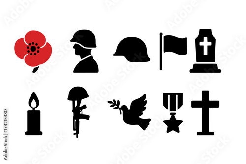 Remembrance day silhouette icon set. poppy symbols for memorial commemorations