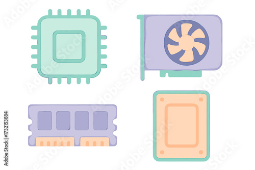 Essential computer hardware components set including CPU, graphics card, RAM, and solid state drive, crucial for modern computing systems