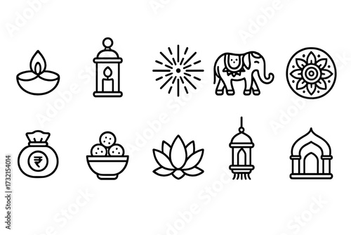 Diwali, festival of lights outline icon set. traditional, indian culture symbols