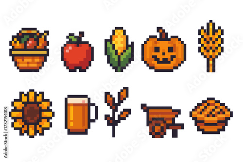 Food, harvest pixel icon set. autumn, seasonal festival icons in retro style