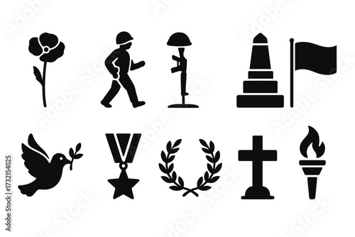 Memorial day silhouette icon set. honor, tribute, remembrance icons silhouette collection