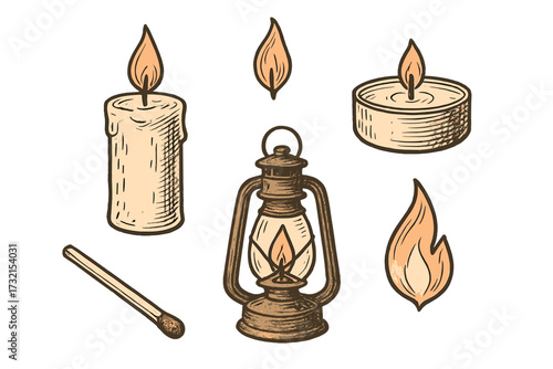 Collection of vintage style candles, burning lantern, matchstick, and flames providing warm light
