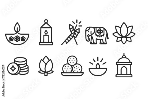 Diwali celebration icon set. festival, lights, holiday, india, outline icons collection.