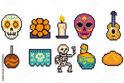 Day of the dead pixel icon set. colorful, outline icons celebrating día de los muertos”