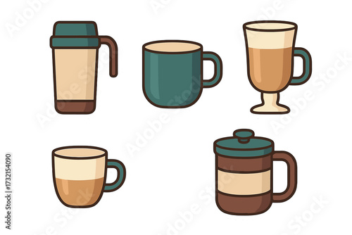 Diverse set of coffee and tea drinking vessels featuring mugs, travel tumblers, and specialty glasses