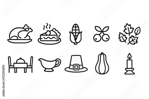 Thanksgiving outline icon set. harvest, turkey, feast, fall, seasonal symbols collection