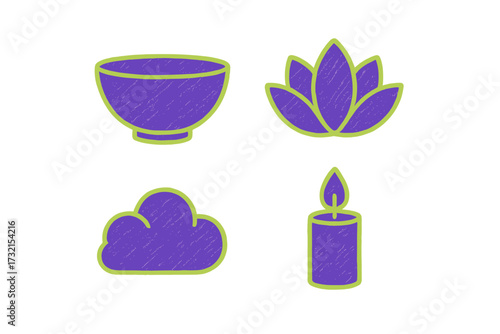 Collection of wellness and relaxation icons with bowl, lotus, cloud, and candle in hand-drawn style