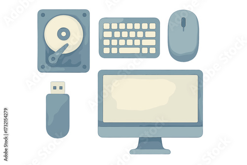 Modern computer hardware components and technology peripherals set including monitor, keyboard, mouse, hard drive, and USB drive