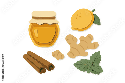 Healthy natural ingredients for cold and flu remedies including honey, lemon, ginger, cinnamon, and mint leaves