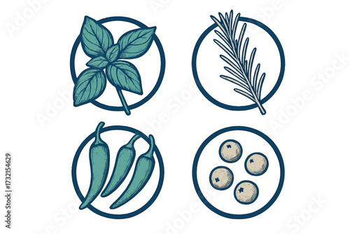 A selection of culinary herbs and spices: fresh basil, aromatic rosemary, vibrant chili peppers, and whole peppercorns