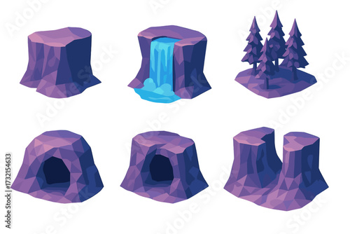 Isometric low poly natural landscape elements including rocks, waterfall, pine trees, and cave entrances