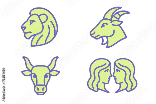 Astrological zodiac signs and horoscope symbols with representations of lion, goat, bull, and twin faces