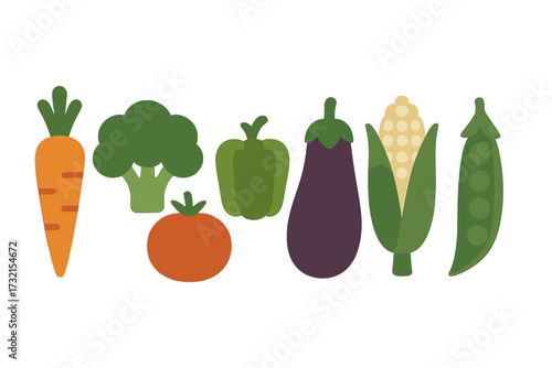 Vibrant collection of fresh healthy organic vegetables including carrots, broccoli, tomatoes, peppers, eggplants, corn, and peas arranged horizontally on a clean white background