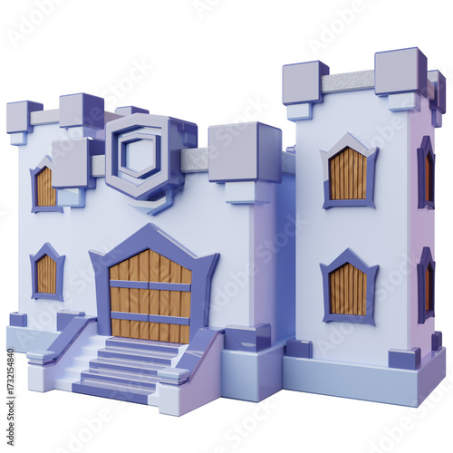 Isometric Castle Illustration with Detailed Facade Design in Light Purple and Transparent Background