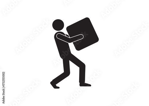 Stick figure carrying heavy box, isolated on white background.