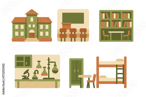 Academic and student life facilities: school building, classroom, library, science lab, dormitory