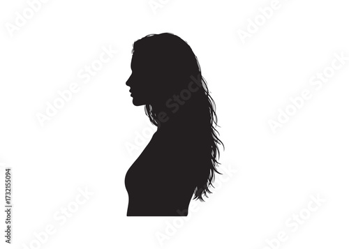 Silhouette of a woman with long hair isolated on white background.