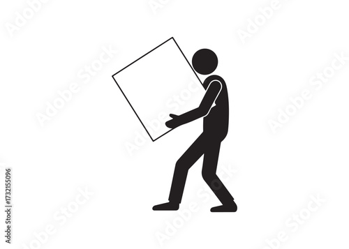Stick figure carrying heavy box, isolated on white background.