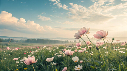 Leinwandbilder Khaki Pastel pink ranunculus and cosmos flowers blanket meadow under soft blue sky, stretching toward distant mountains and evergreen forest in peaceful morning light.  © Wachiraya
