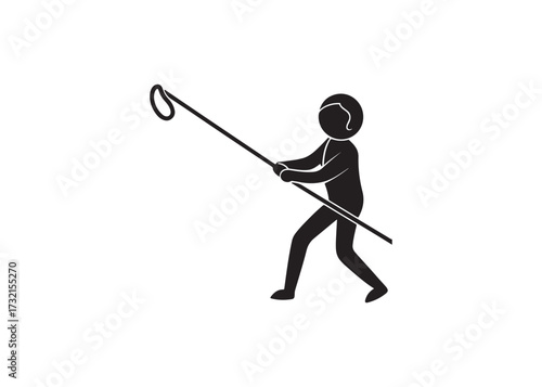 Stick figure pulling a rope isolated on white background in black color.