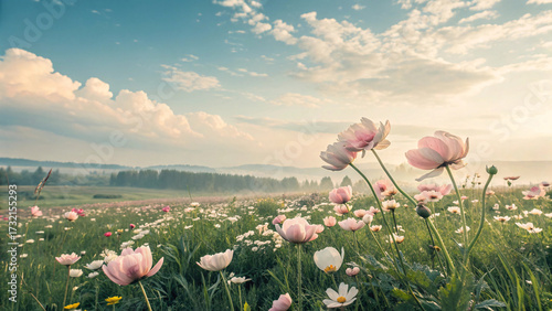 Pastel pink ranunculus and cosmos flowers blanket meadow under soft blue sky, stretching toward distant mountains and evergreen forest in peaceful morning light.