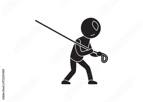 Stick figure pulling a rope isolated on white background in black color.