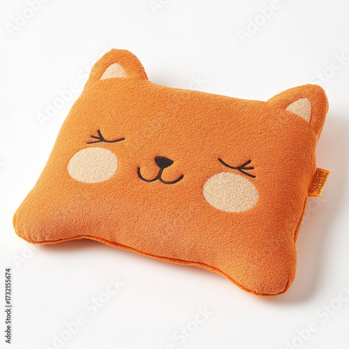Soft orange cat shaped pillow with cute sleepy face