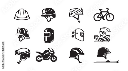 Diverse collection of safety headwear and protective gear icons for outdoor activities and work vector
