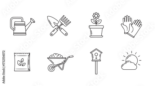Gardening icons set line art with watering can trowel potted plant gloves seed pack wheelbarrow vector