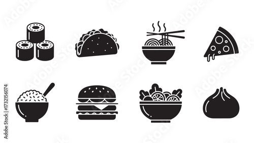 Set of black and white food icons simple glyph vector design for restaurant menu isolated on white background