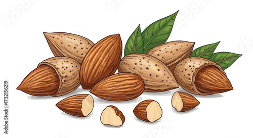 A pile of delicious healthy almonds with shells and leaves scattered around them.