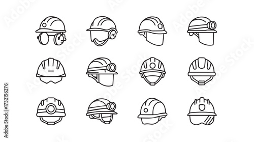 Diverse safety hard hats and helmets collection icon set industry protection gear vector