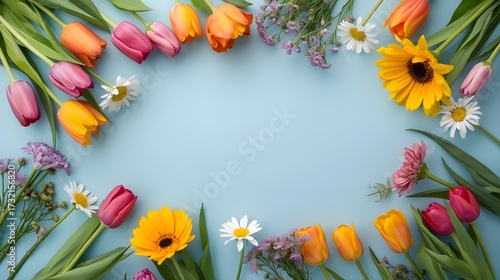 Artistic arrangement of vibrant flowers on a flat blue background, showcasing a spring-inspired nature flat lay.