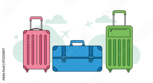 Three colorful suitcases lined up ready for a vacation adventure in the sky.