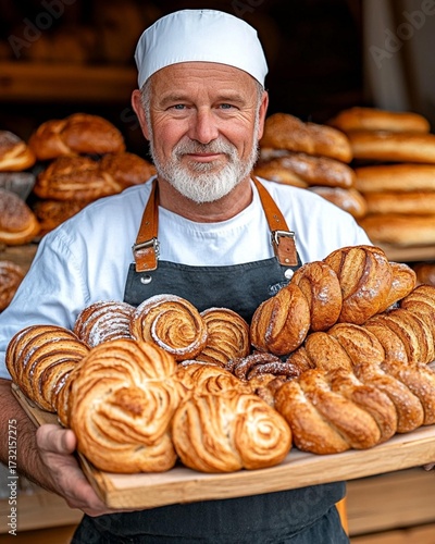 Experienced artisan baker proudly presents a bountiful wooden tray filled with golden crust artisanal breads and delightful sugary pastries fresh from his traditional oven