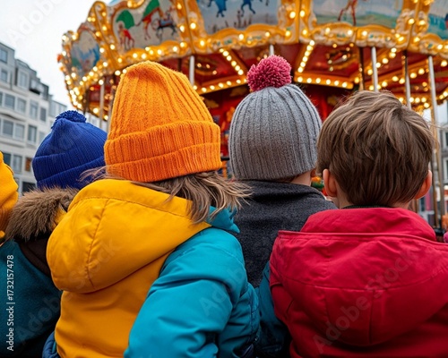 Vibrant winter hats on young children eagerly awaiting a turn on a dazzling illuminated carousel at a festive outdoor market capturing the pure joy of childhood adventures