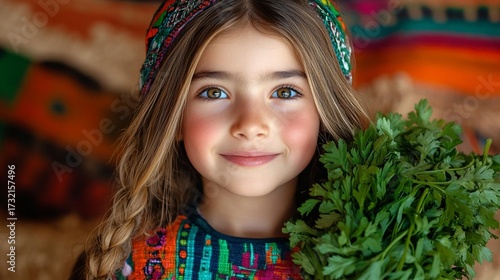 Radiant young girl with mesmerizing radiant eyes and a sweet radiant smile cherishing a vibrant bundle of fresh green herbs adorned in intricate traditional patterns evoking innocence healthy living