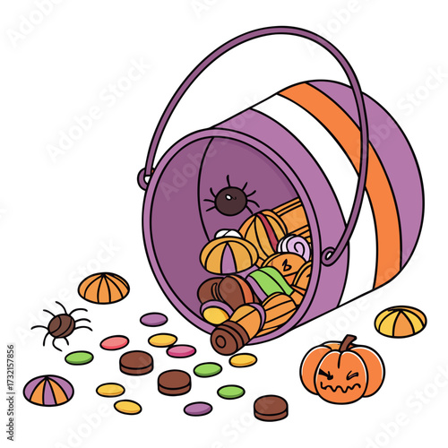 A charming illustration features a purple and orange striped halloween bucket filled with an array of colorful candies, accompanied by a cute spider and pumpkin
