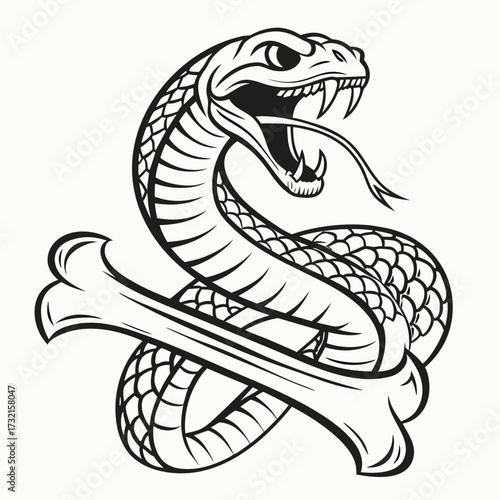 A striking monochrome illustration of a snake coiled around a bone, , creating a dangerous and symbolic image with intricate details and stark contrast