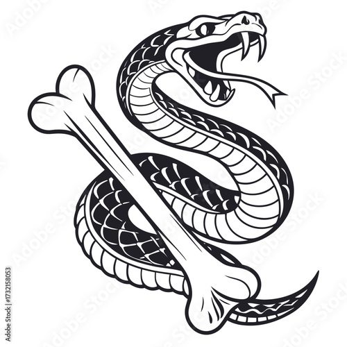 A striking black and white illustration of a coiled snake with its fangs bared, entwined around a bone, creating a bold and symbolic design