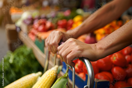 Close-up of Hands Pushing a Cart Through an Outdoor Vegetable Market