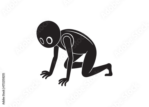 Black silhouette of a person crawling on all fours isolated on white background