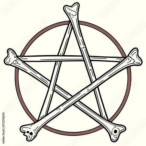 A bone pentagram, featuring a fivepointed star formed by bones within a brown circle, creating a spooky and occultthemed design, perfect for halloween