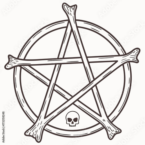 An illustration of a pentagram made of bones with a skull at the bottom, creating a spooky and occult symbol, perfect for halloween or gothic themes