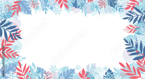 A festive winter border with blue and red leaves and snowflakes.
