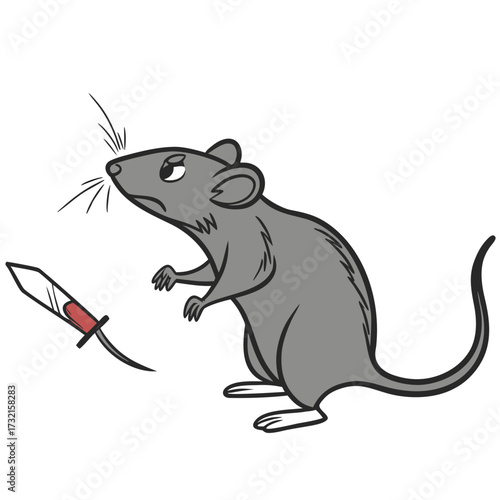 A cartoon rat stands warily next to a syringe, its expression suggesting apprehension about the impending injection