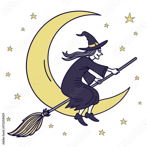 A whimsical witch soars across the night sky on her broomstick, silhouetted against a crescent moon and twinkling stars