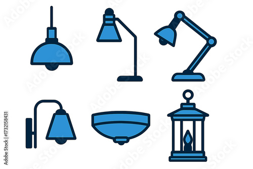 Set of diverse lighting fixtures including pendant, desk, wall, and ceiling lamps with a decorative lantern