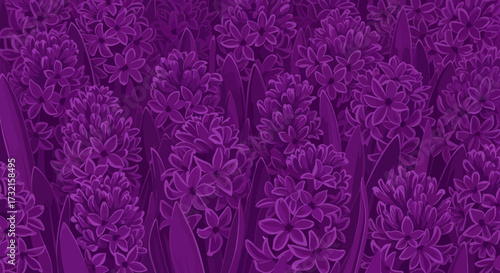 Deep purple hyacinth flowers and leaves dense pattern illustration